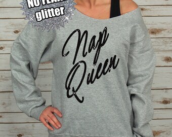 GLITTER Nap Queen Off Shoulder Raw Edge Sweatshirt for Women, Nap Queen Shirt, (562MR light grey)