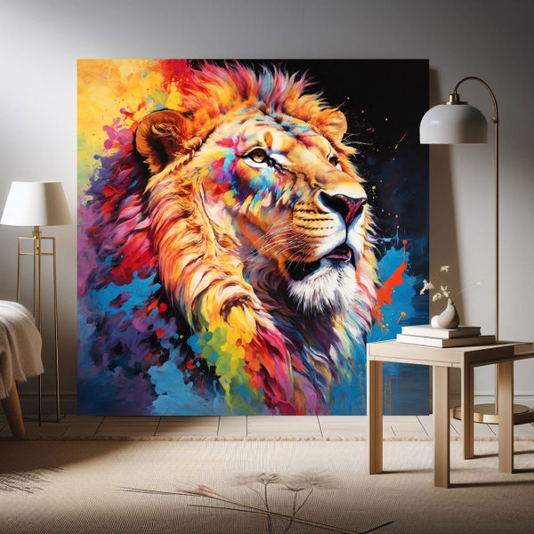 Tableau toile artistique création colorée peinture Lion graphique, print art œuvre d'art