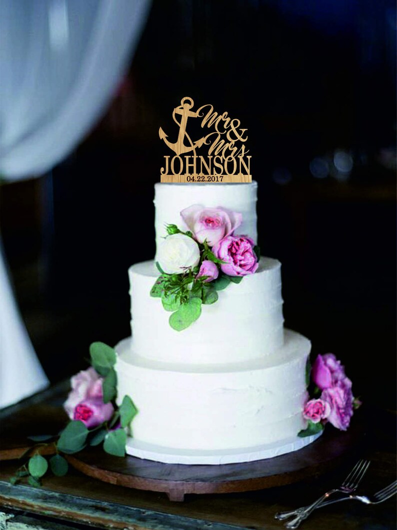 Nautical Wedding Cake Topper With Anchor Mr And Mrs Topper Etsy