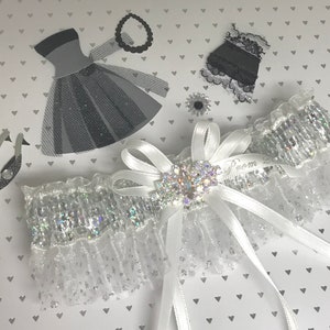 White iridescent jeweled prom garter.  White iridescent prom garter,  Prom garters
