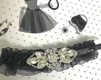 Black prom garter with rhinestones.  Custom color prom garter.  Prom garters.