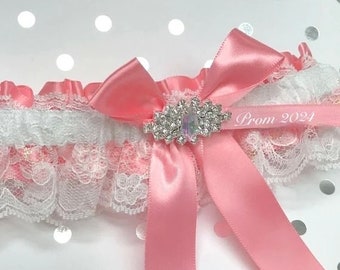 Coral and white prom garter with iridescent rhinestone.  Coral prom garters.  Custom color prom garters!!