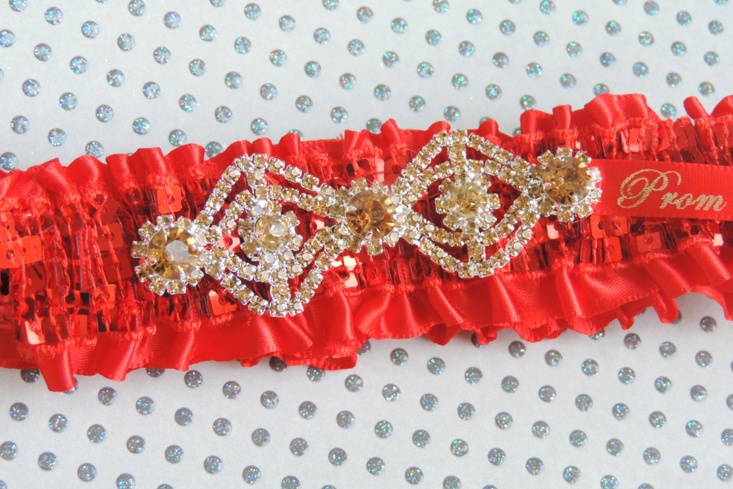 Red Prom Garter With Gold Rhinestones Prom Garters Red Prom Etsy