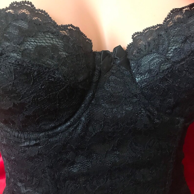 Sears Bustier 34B Black Lace Strapless Venchelle Underwire 26674