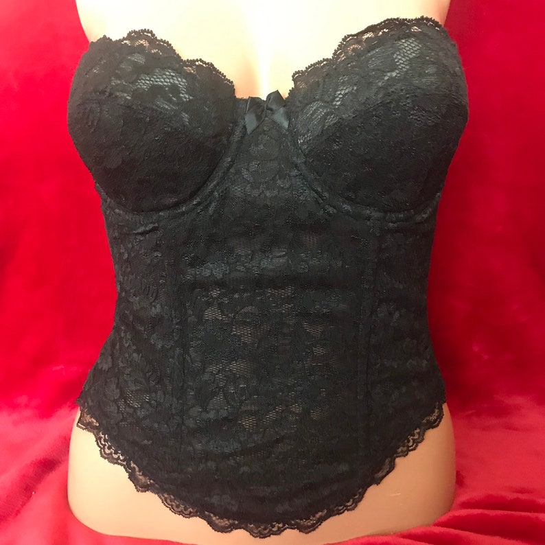 Sears Bustier 34B Black Lace Strapless Venchelle Underwire 26674