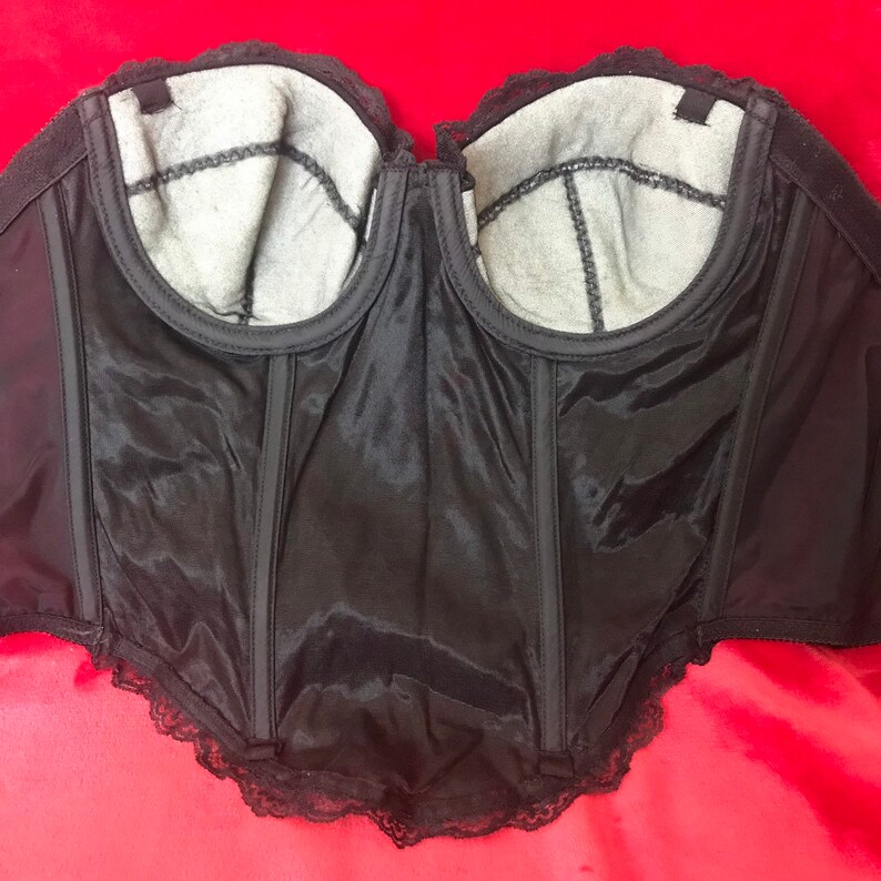 Sears Bustier 34B Black Lace Strapless Venchelle Underwire 26674