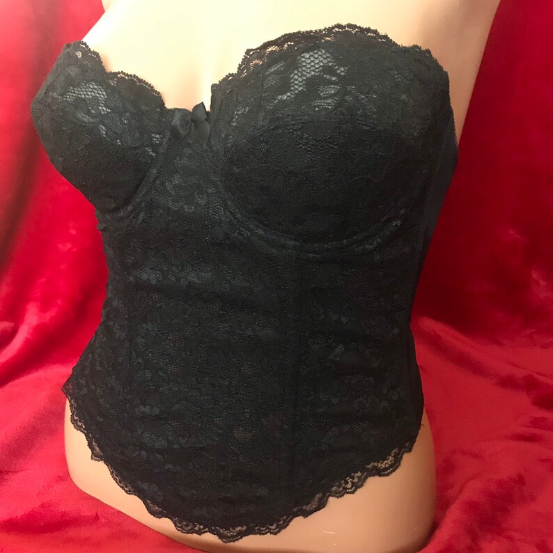 Sears Bustier 34B Black Lace Strapless Venchelle Underwire 26674