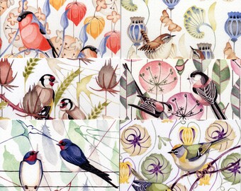 6 bird cards, swallow, wren, long tailed tits, firecrest, goldfinch, bullfinch, british birds