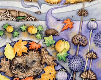 Hedgehog print. Autumn print. Garden wildlife. Hibernating hedgehog. Pumpkins.