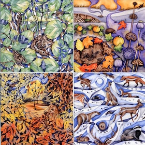 Pacchetto di 4 carte fauna selvatica britannica. Cervo, Riccio, Allocco, Lepre, Lontra, Tasso, Cervo.