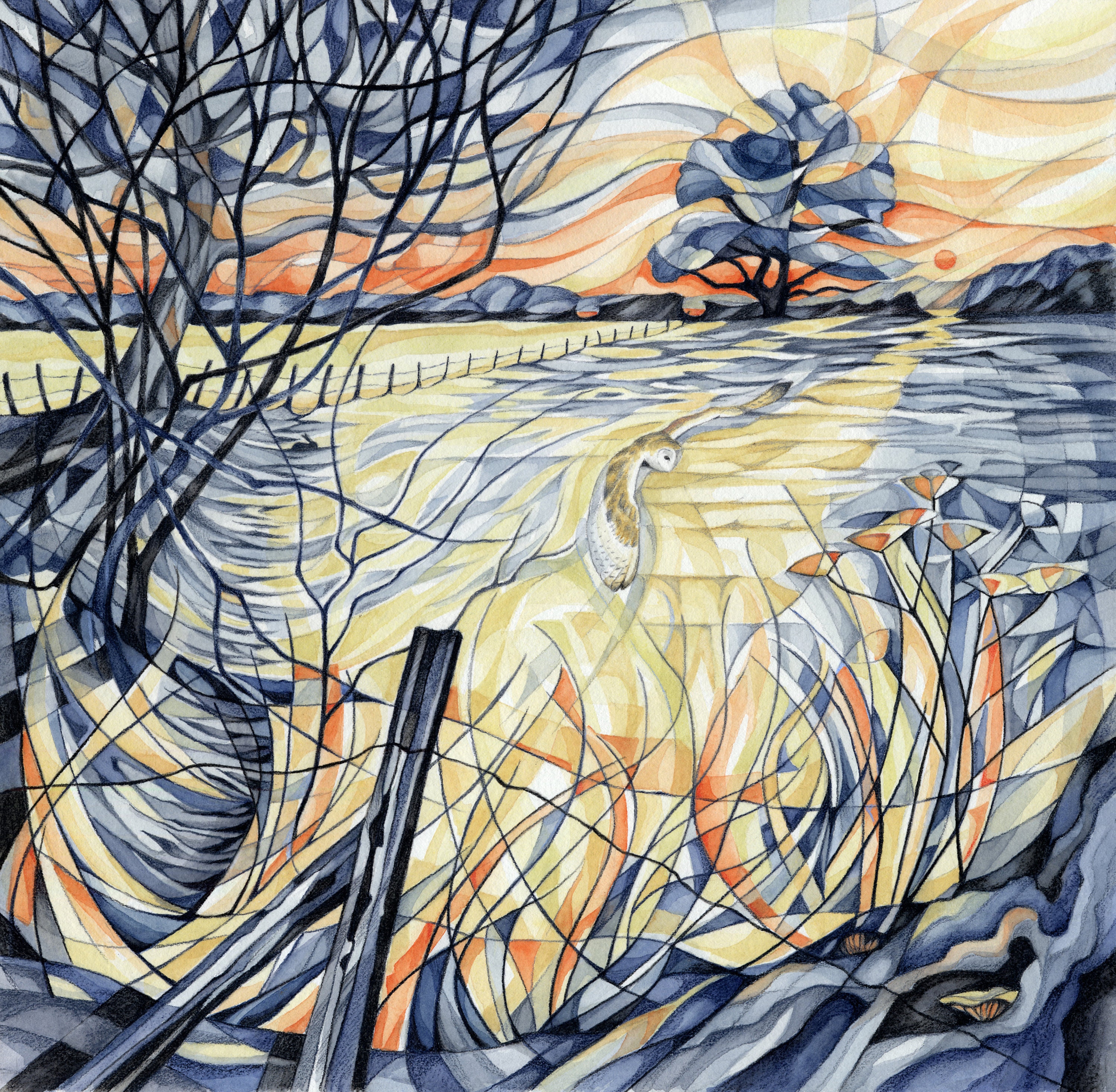 Barn owl, hare owl picture, barn owl print, sunset print, landscape, countryside, owl in flight