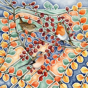 Garden birds, wren, robin, chaffinch, bird print, wildlife print
