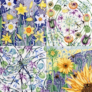 Paquet de 4 cartes de fleurs, papillon, abeille, libellule, coccinelle, tournesols, jonquille, allium.