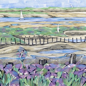Burnham Overy Staithe, North Norfolk, salt marsh, sea lavender, seagulls, boats