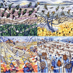 Cartes oiseau en vol, sociable, chardonneret, mouette, linottes, automne, hiver, printemps, terres agricoles, carte de paysage