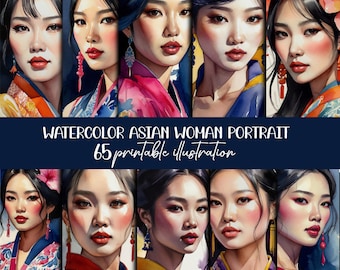 Watercolor Asian woman portraits, 65 printable illustrations