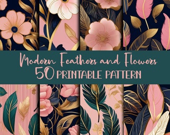 Modern Feathers and Flowers-50 printable Pattern, perfect for decorate diary pages,junk journal, scrapbooking