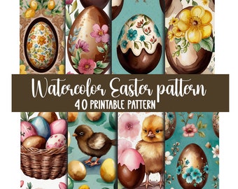 Watercolor Easter pattern, 40 printable paper