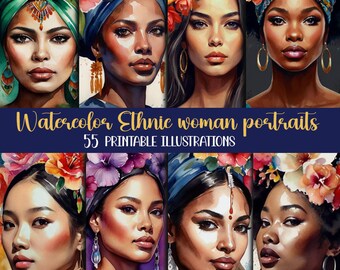 Bundle-Watercolor Ethnic Woman portraits-55 printable illustrations-Collection, junk journal  projects