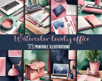 bundle-Watercolor lovely office-33 printable illustrations-agenda decoration, junkjournal,cards, postcards