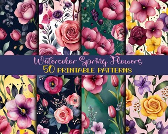 Watercolor Spring Flowers- 50 printable patterns,for creative projects,junk journal,notebook covers,cards,invite,paper for gift,scrapbooking