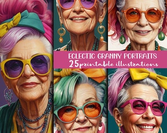 Eclectic Granny Portraits- bundel 25 funny printable illustrations-perfect for notebook covers,wall decorate, invite, cards, and many more