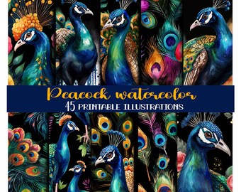 Peacock watercolor Collection- 45 printable illustrations-