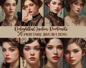 Delightful-Ladies-Portraits-50 printable illustrations,vintage image, perfect for junk journal, scrapbooking,decorating diary or album pages