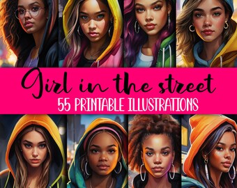 Girls in the Street-55 printable illustrations- perfect for junk journal,wall decorate, notebook covers, cards and many more