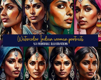 Watercolor Indian woman portraits-50 printable illustrations