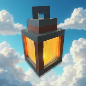 May include: A geometric lantern with a warm, glowing interior. The lantern is constructed from gray, brown, and red blocks, with a rectangular opening at the top. The background features a blue sky with fluffy white clouds.
