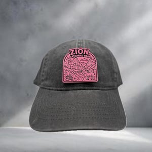 ZION NATIONAL PARK - Primrose/Black Leather Patch- adventures awaits -ball cap - trucker hats- national parks -