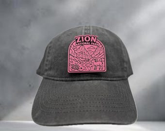 ZION NATIONAL PARK - Primrose/Black Leather Patch- adventures awaits -ball cap - trucker hats- national parks -