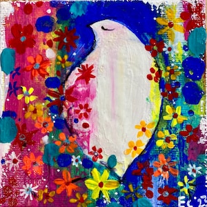 Happy place. Original painting, bird art, wall art, framed painting, original painting on canvas panel, colourful bird painting