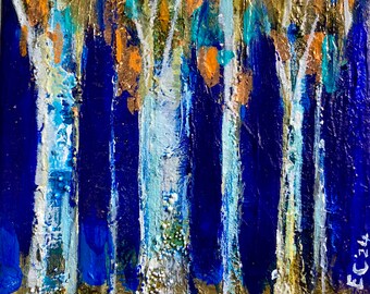 Textured Seascape Painting, Blue & Gold Glitter Canvas Art