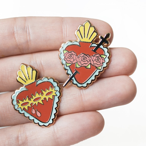 Sacred Heart & Immaculate Heart Pin Set, Sacred Heart of Jesus Pin, Immaculate Heart of Mary Pin, Catholic Gifts, Catholic Enamel Pins