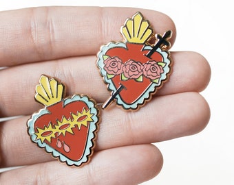 Sacred Heart & Immaculate Heart Pin Set, Sacred Heart of Jesus Pin, Immaculate Heart of Mary Pin, Catholic Gifts, Catholic Enamel Pins