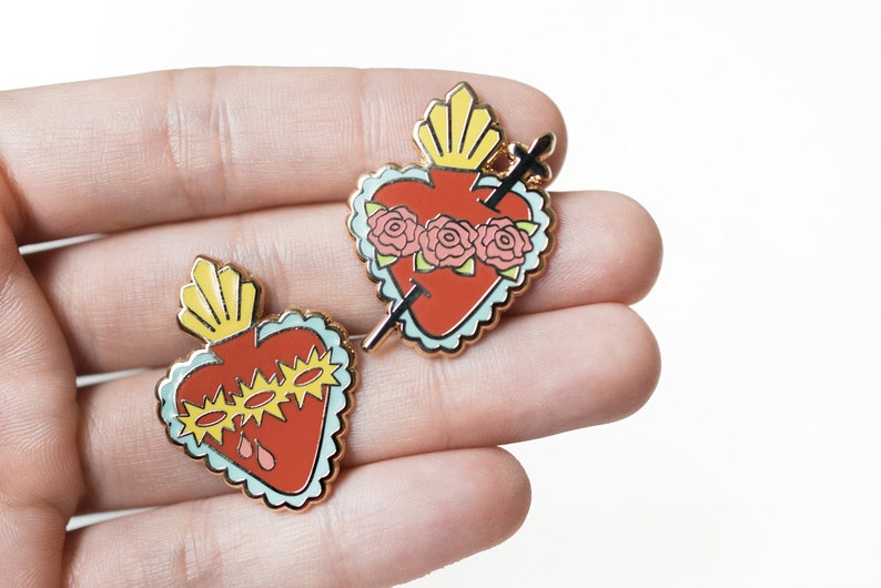 Sacred Heart & Immaculate Heart Pin Set, Sacred Heart of Jesus Pin, Immaculate Heart of Mary Pin, Catholic Gifts, Catholic Enamel Pins image 1