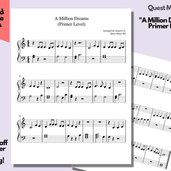 Piano Sheet Music - "A Million Dreams" - Primer Level - Easy Piano Sheets, Beginner Piano, Download and Print Music Sheets