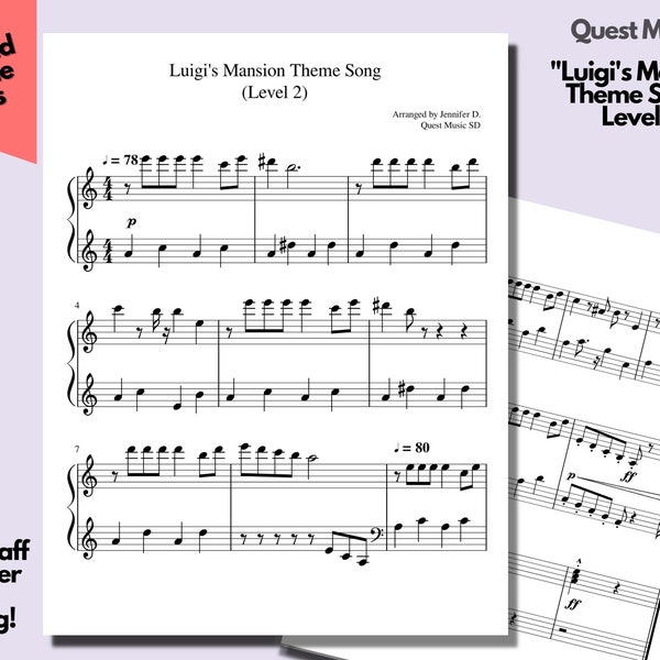 Piano Sheet Music - "Luigi's Mansion Theme Song" - Level 2 - Easy Piano Sheets, Beginner Piano, Download and Print Music Sheets