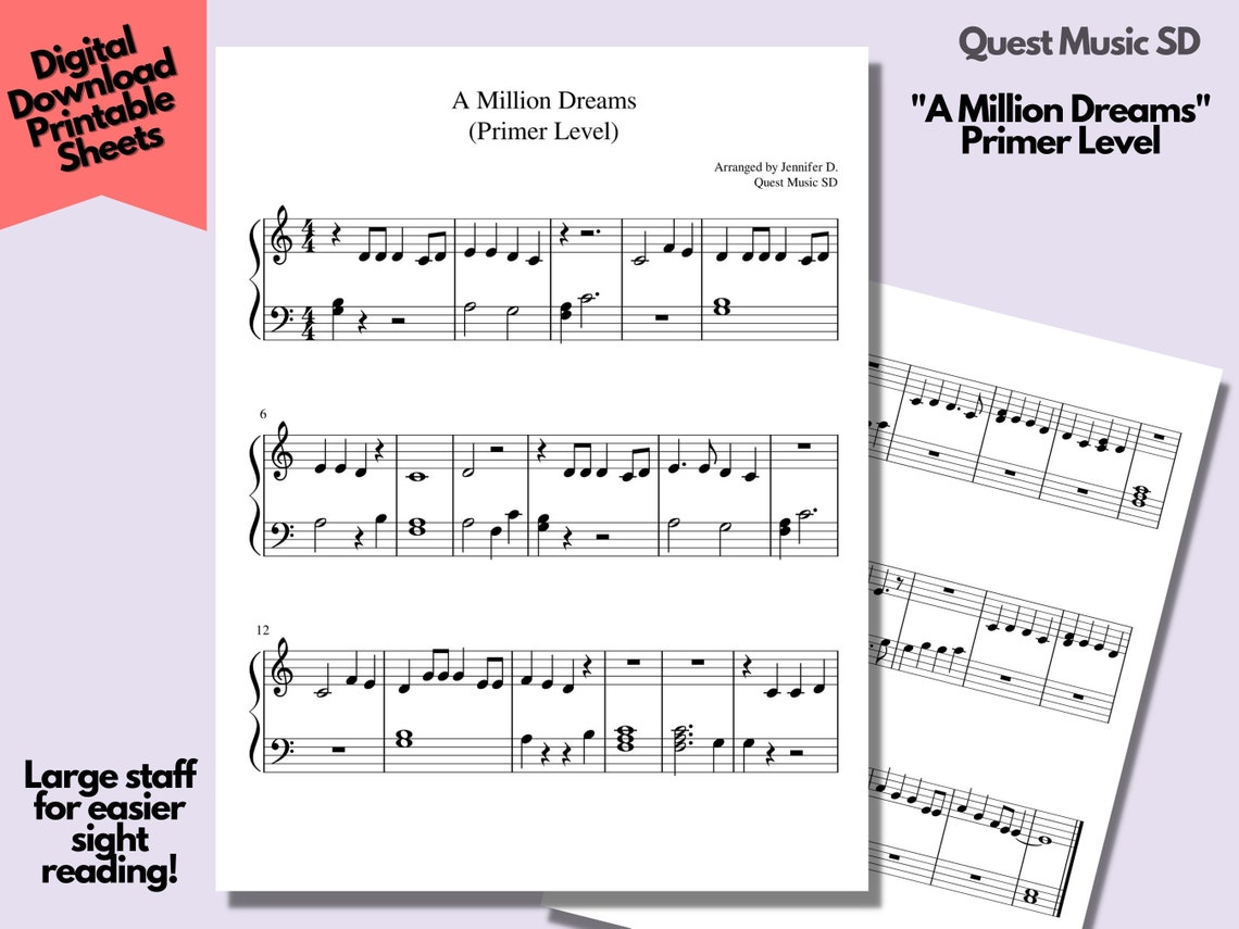 Piano Sheet Music - "a Million Dreams" - Primer Level - Easy Piano ...