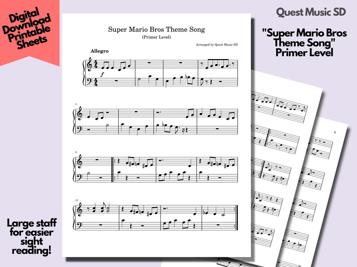 Piano Sheet Music - "super Mario Bros Theme Song" - Primer Level - Easy ...