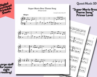 Piano Sheet Music - "Super Mario Bros Theme Song" - Primer Level - Easy Piano Sheets, Beginner Piano, Download and Print Music Sheets