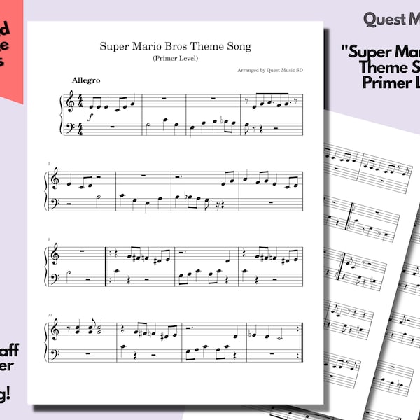 Piano Sheet Music - "Super Mario Bros Theme Song" - Primer Level - Easy Piano Sheets, Beginner Piano, Download and Print Music Sheets