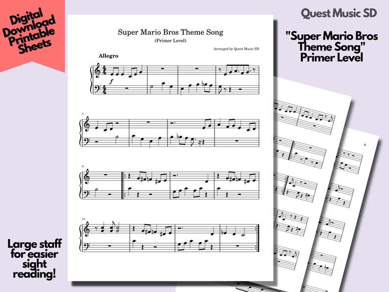 Piano Sheet Music super Mario Bros Theme Song Primer Level Easy Piano