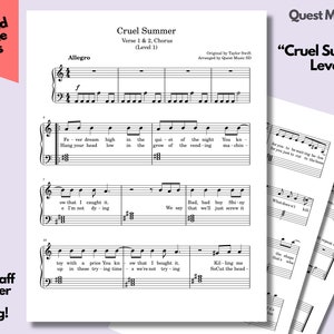 Piano Sheet Music - &quot;Cruel Summer&quot; - Level 1 - Easy Piano Sheets, Beginner Piano, Download and Print Music Sheets
