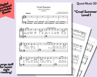 Piano Sheet Music - "Cruel Summer" - Level 1 - Easy Piano Sheets, Beginner Piano, Download and Print Music Sheets