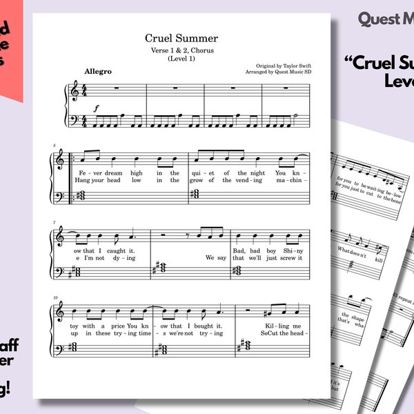 Piano Sheet Music - "Cruel Summer" - Level 1 - Easy Piano Sheets, Beginner Piano, Download and Print Music Sheets