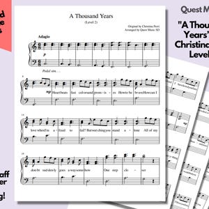 Puede incluir: Partitura de "A Thousand Years" de Christina Perri, Nivel 2, arreglada por Quest Music SD. La música está impresa en papel blanco con pentagramas grandes para facilitar la lectura. La portada tiene el texto "Digital Download Printable Sheets".
