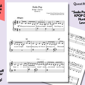 May include: Sheet music for "Soda Pop" from KPOP Demon Hunters, Level 1. The sheet music is printed on white paper with large staff lines for easier sight reading. The title and artist are displayed at the top right.